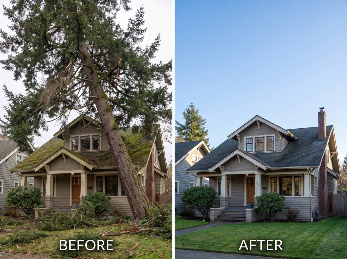 Before and after: hazardous leaning tree removed from beside a house