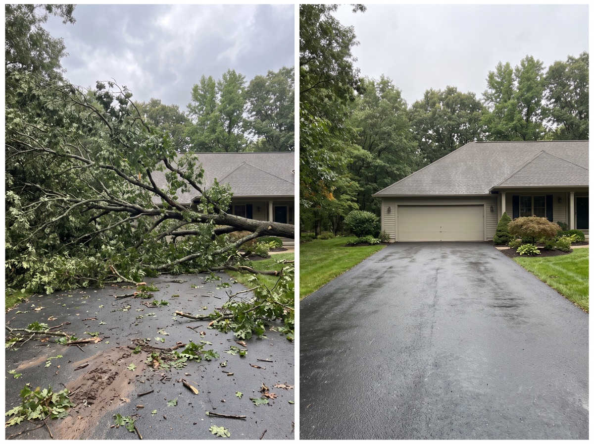 Before and after: storm-fallen tree cleared from a driveway