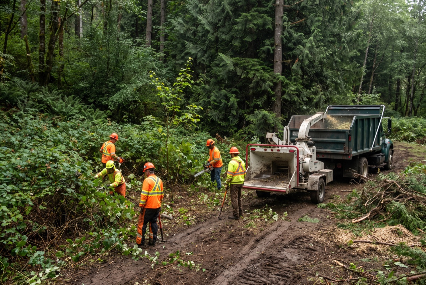 Lot & Land Clearing — crew clearing an overgrown lot of brush and small trees