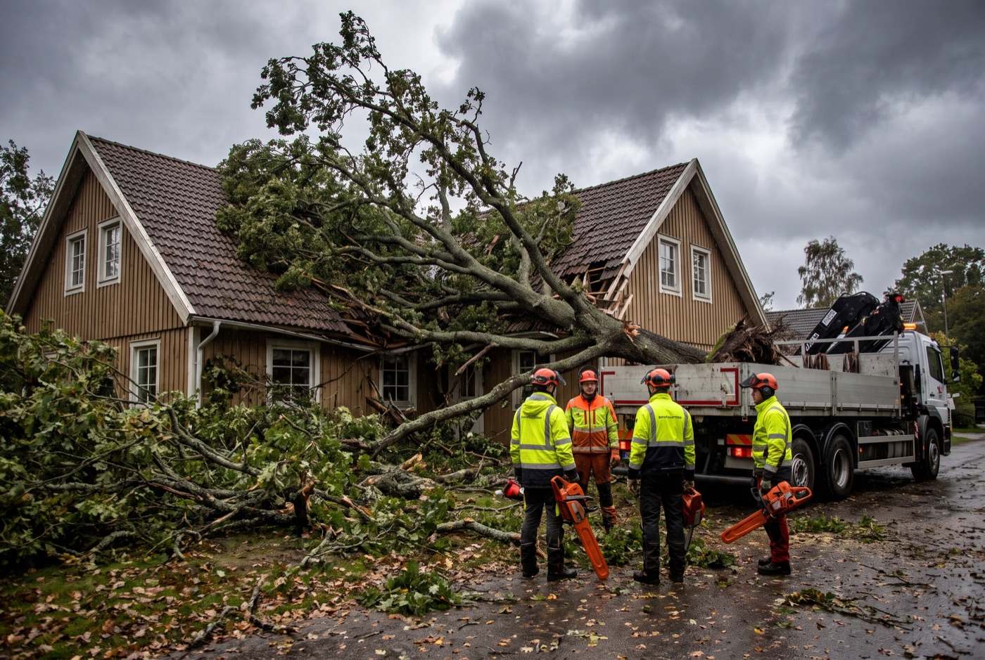 Emergency & Storm Damage — storm-fallen tree on a house roof being removed by a crew