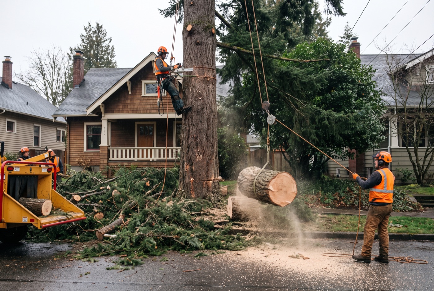 Tree Removal — crew safely removing a large tree with rigging near a house