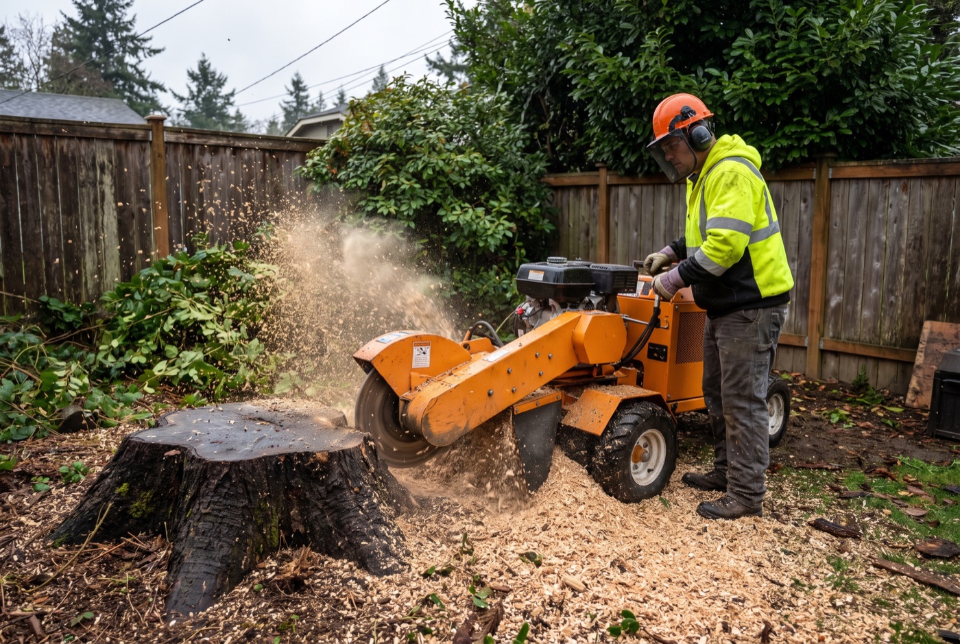 Stump Grinding & Removal — stump grinder removing a tree stump in a yard