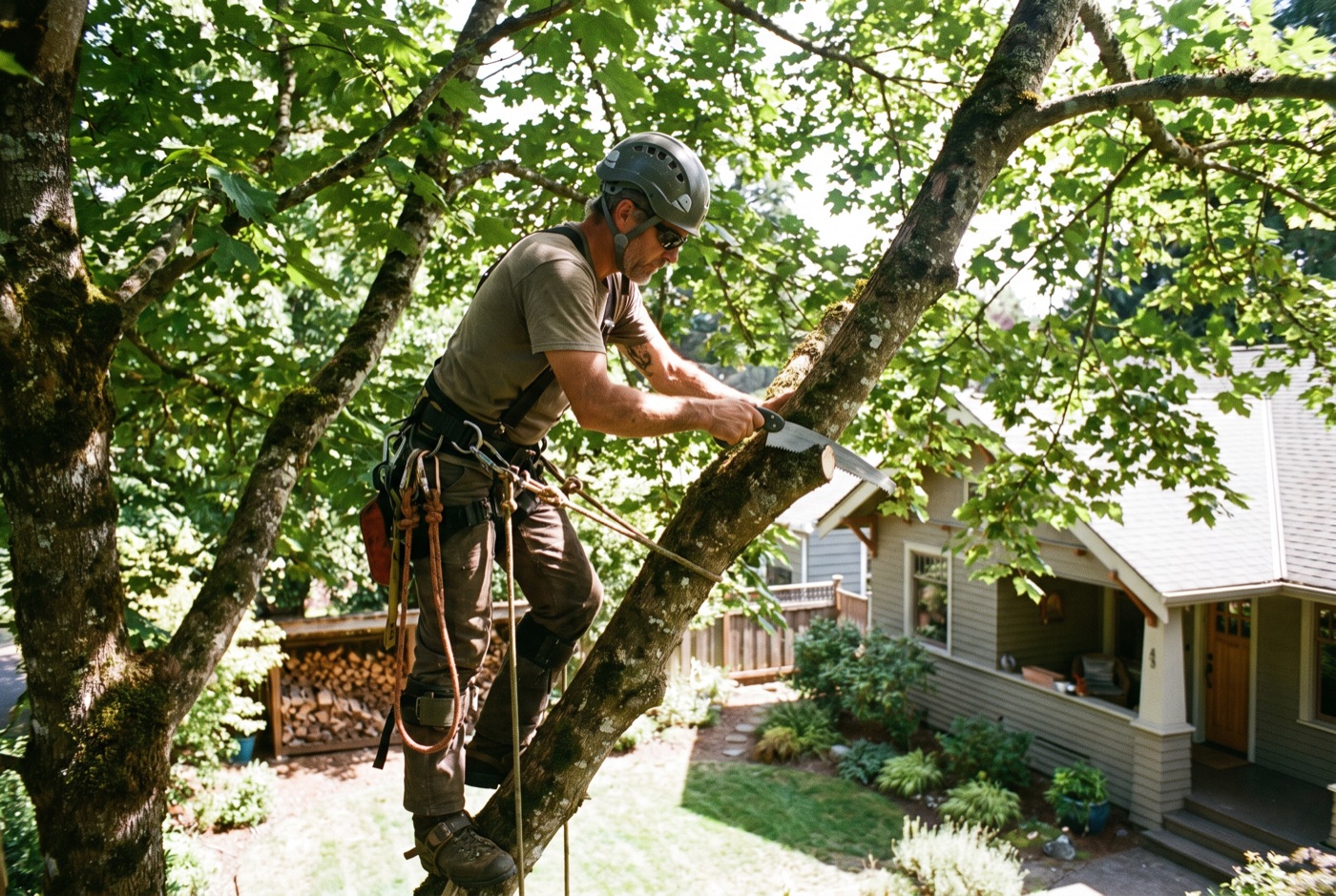 Tree Trimming & Pruning — arborist in a tree pruning branches with a handsaw